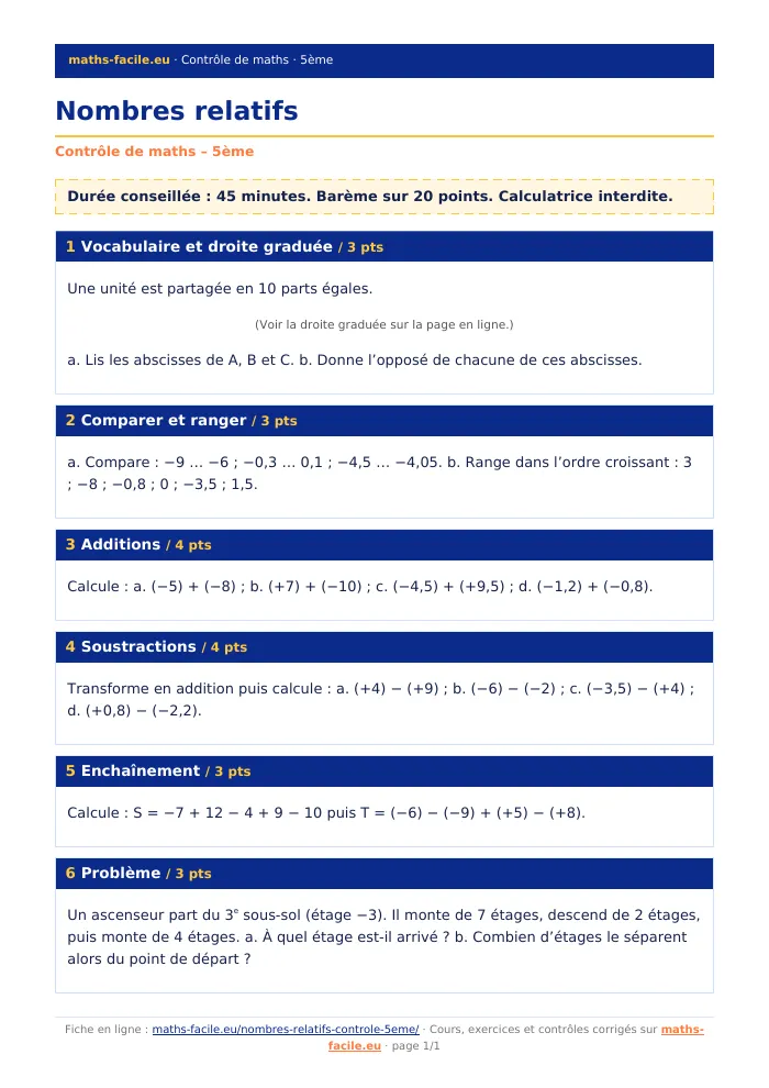 Fiche PDF : Nombres relatifs (5ème)