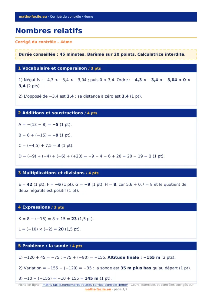 Fiche PDF : Nombres relatifs (4ème)