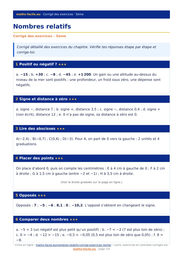 Fiche PDF : Nombres relatifs (5ème)