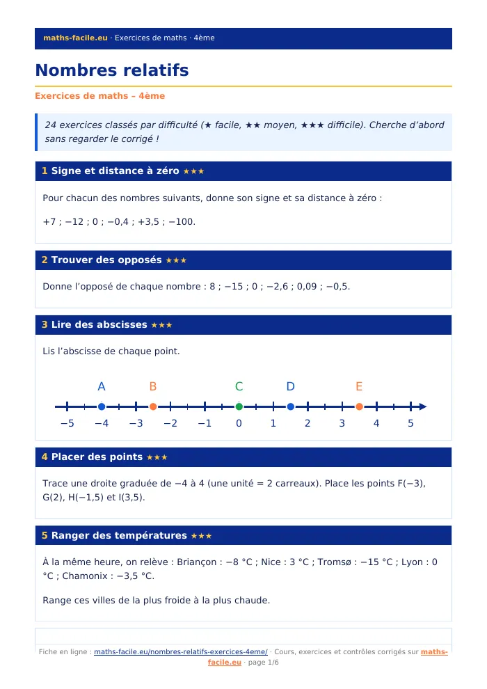 Fiche PDF : Nombres relatifs (4ème)