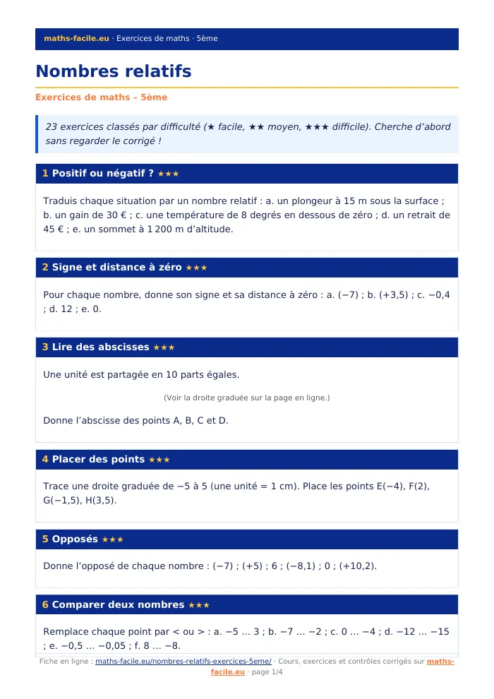 Fiche PDF : Nombres relatifs (5ème)