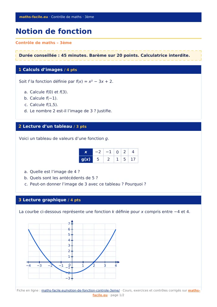 Fiche PDF : Notion de fonction (3ème)