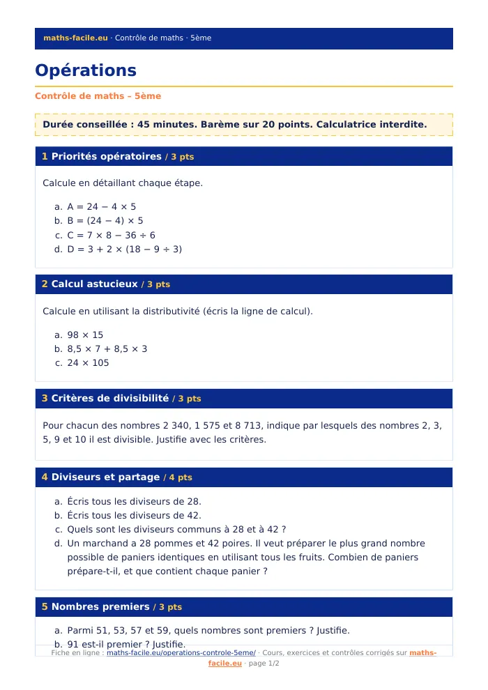 Fiche PDF : Opérations (5ème)