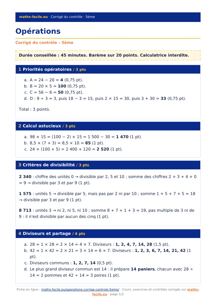 Fiche PDF : Opérations (5ème)