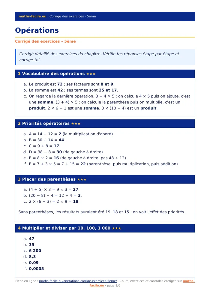 Fiche PDF : Opérations (5ème)