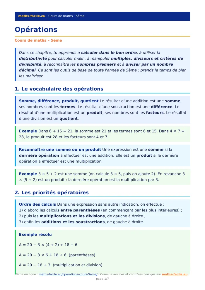 Fiche PDF : Opérations (5ème)