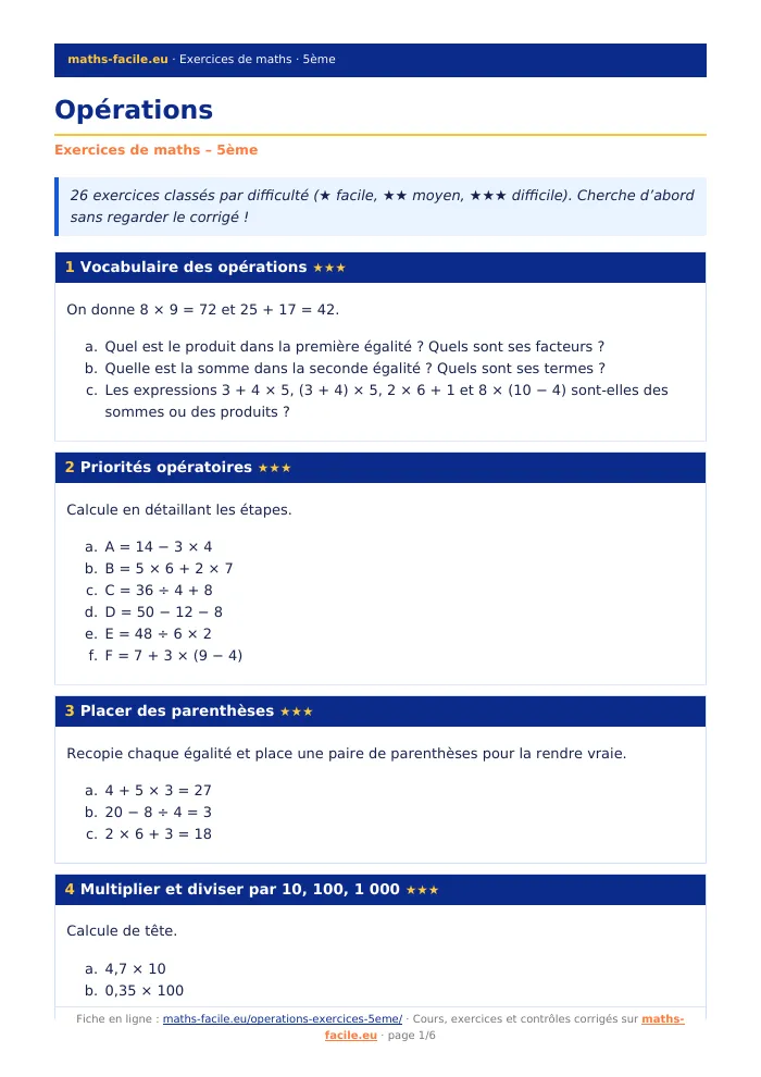 Fiche PDF : Opérations (5ème)
