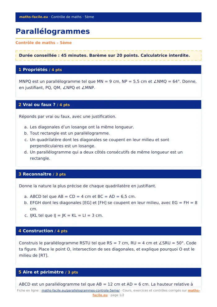 Fiche PDF : Parallélogrammes (5ème)