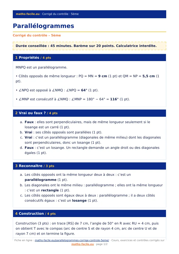 Fiche PDF : Parallélogrammes (5ème)