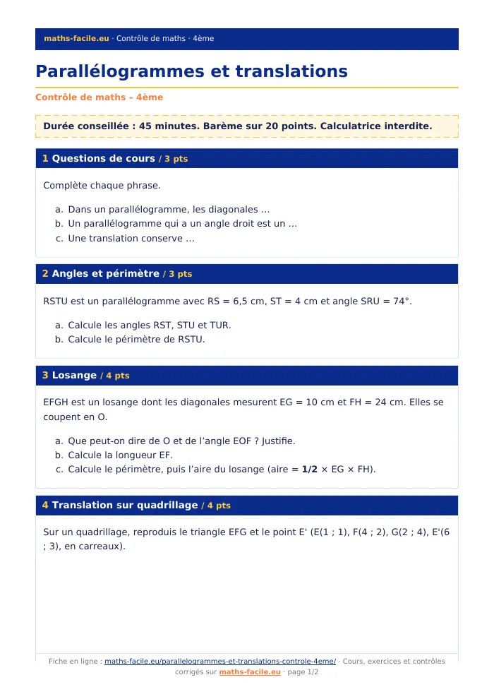 Fiche PDF : Parallélogrammes et translations (4ème)