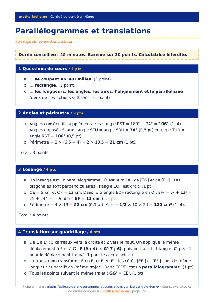 Fiche PDF : Parallélogrammes et translations (4ème)