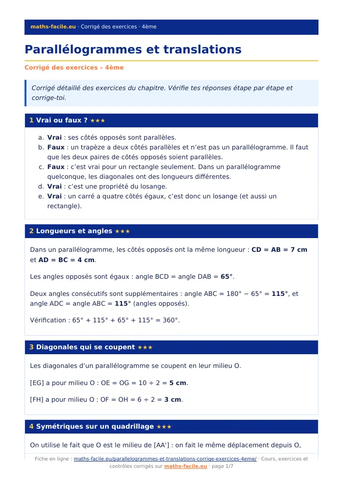 Fiche PDF : Parallélogrammes et translations (4ème)