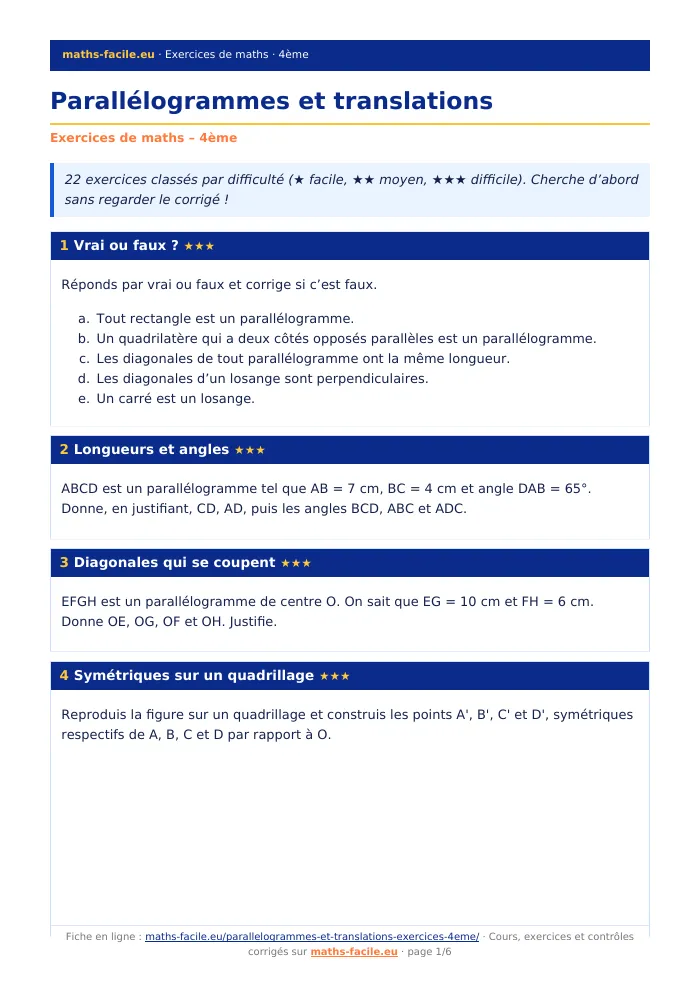 Fiche PDF : Parallélogrammes et translations (4ème)