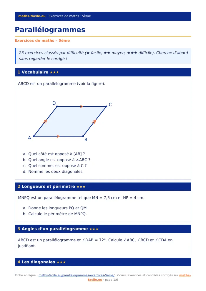 Fiche PDF : Parallélogrammes (5ème)