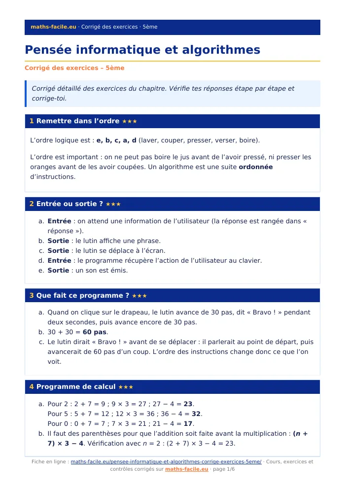 Fiche PDF : Pensée informatique et algorithmes (5ème)