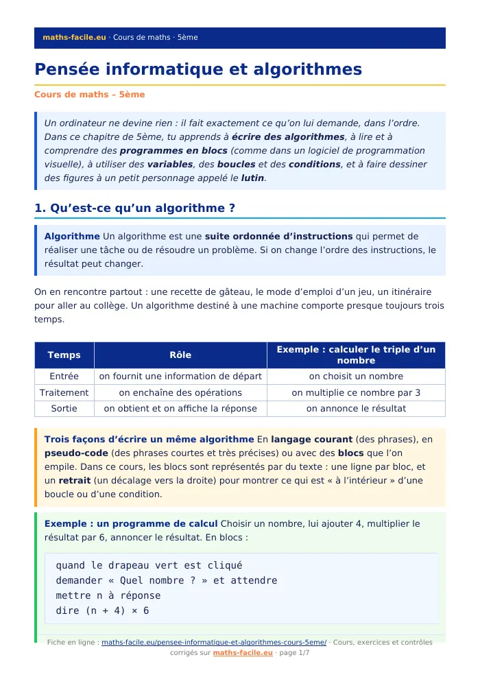 Fiche PDF : Pensée informatique et algorithmes (5ème)