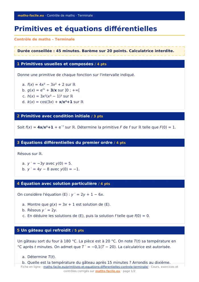 Fiche PDF : Primitives et équations différentielles (Terminale)