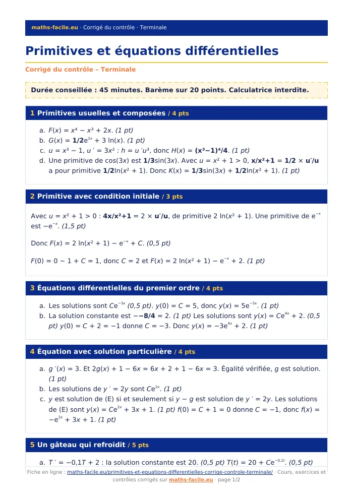 Fiche PDF : Primitives et équations différentielles (Terminale)