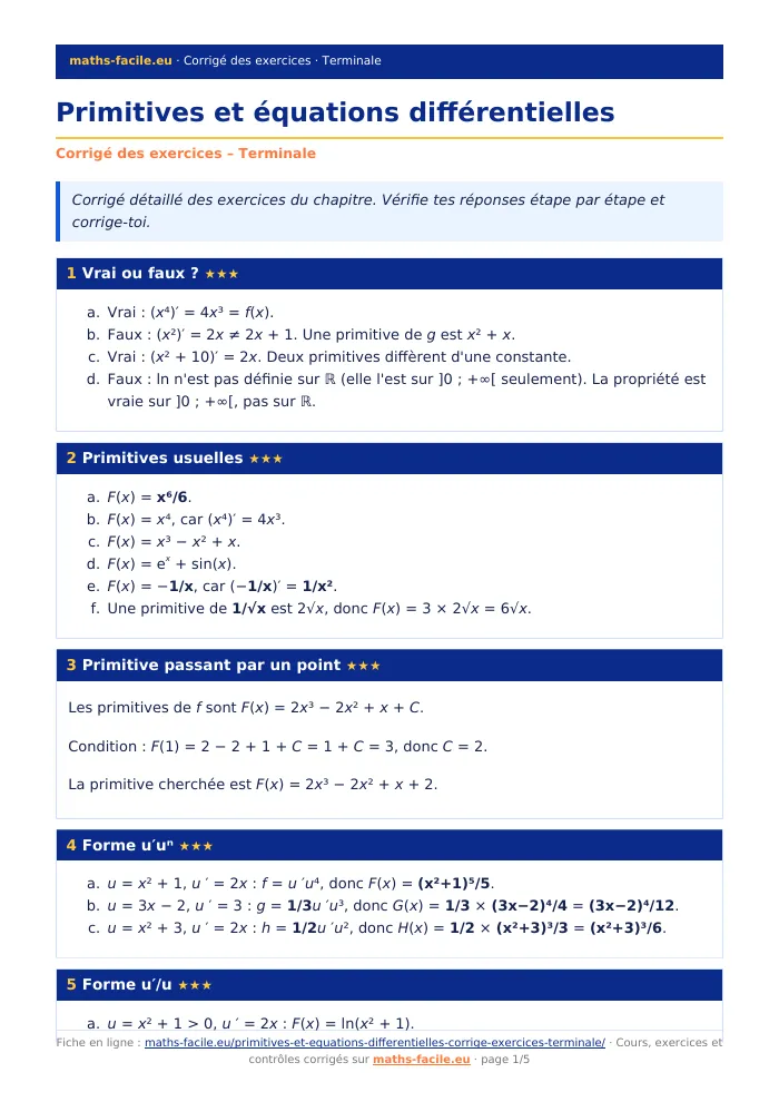 Fiche PDF : Primitives et équations différentielles (Terminale)