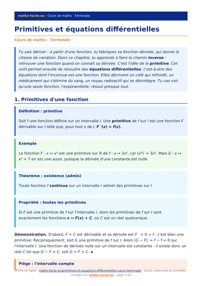 Fiche PDF : Primitives et équations différentielles (Terminale)