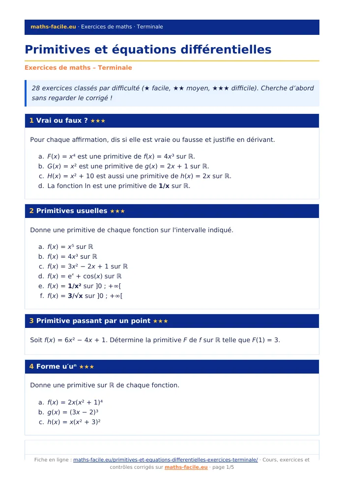 Fiche PDF : Primitives et équations différentielles (Terminale)