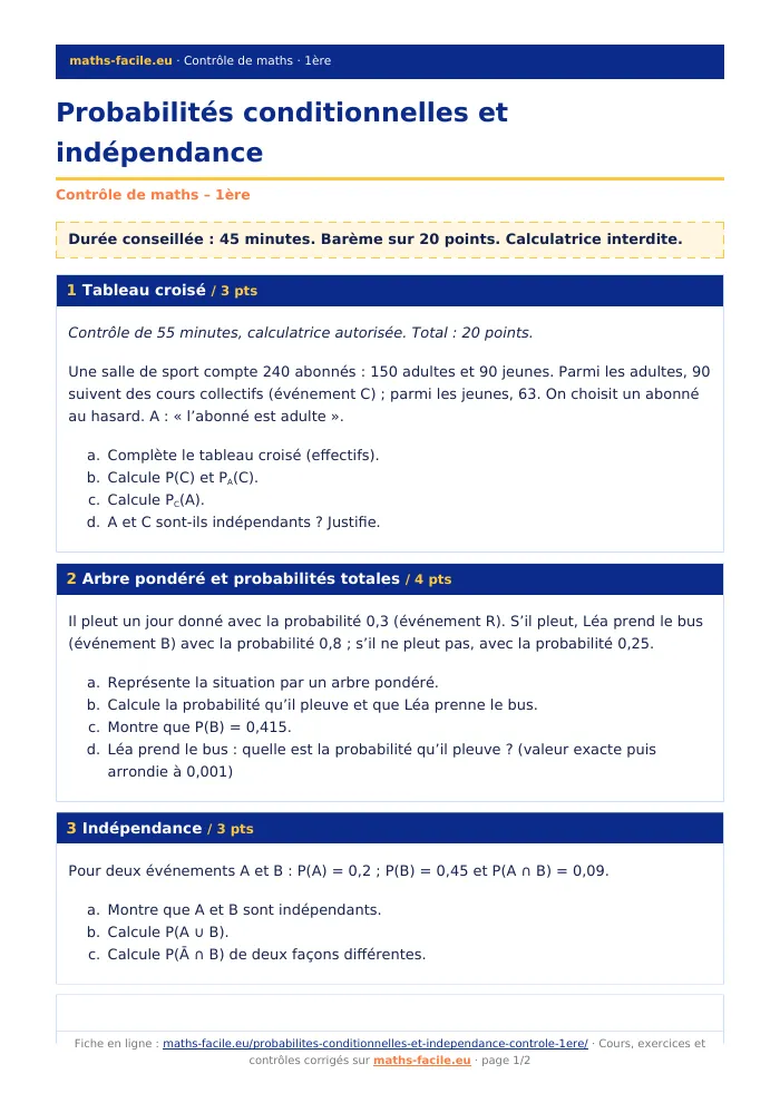 Fiche PDF : Probabilités conditionnelles et indépendance (1ère)