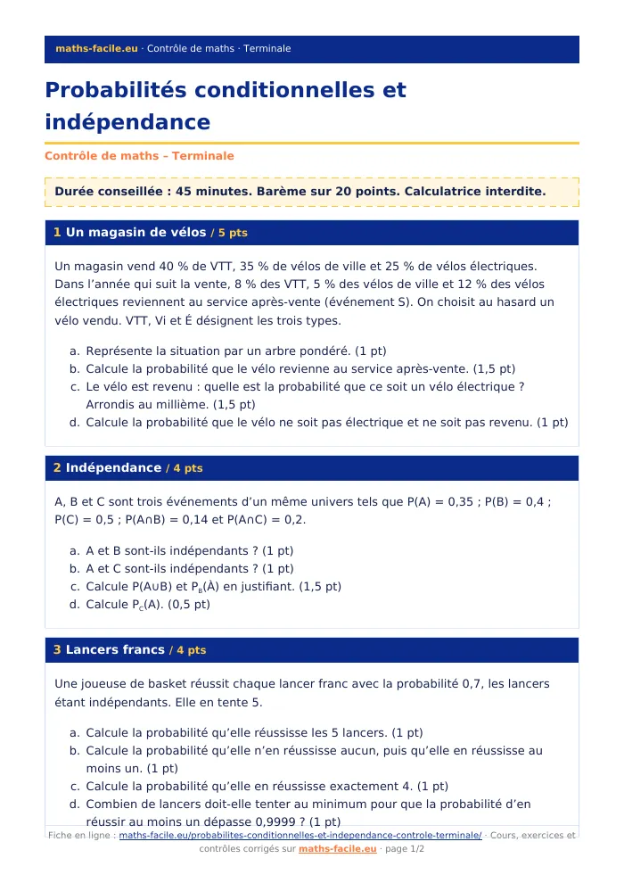 Fiche PDF : Probabilités conditionnelles et indépendance (Terminale)
