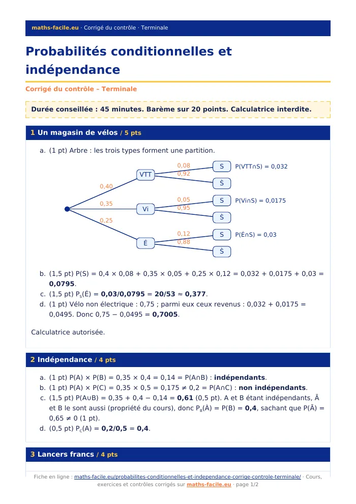 Fiche PDF : Probabilités conditionnelles et indépendance (Terminale)