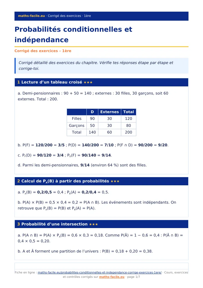 Fiche PDF : Probabilités conditionnelles et indépendance (1ère)