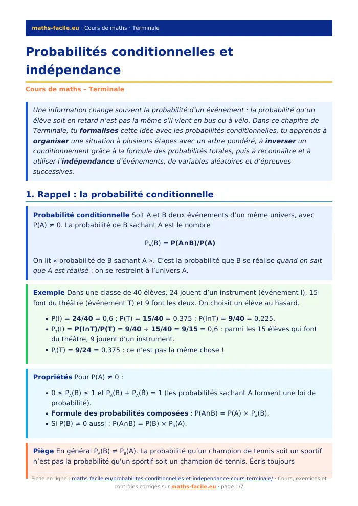 Fiche PDF : Probabilités conditionnelles et indépendance (Terminale)