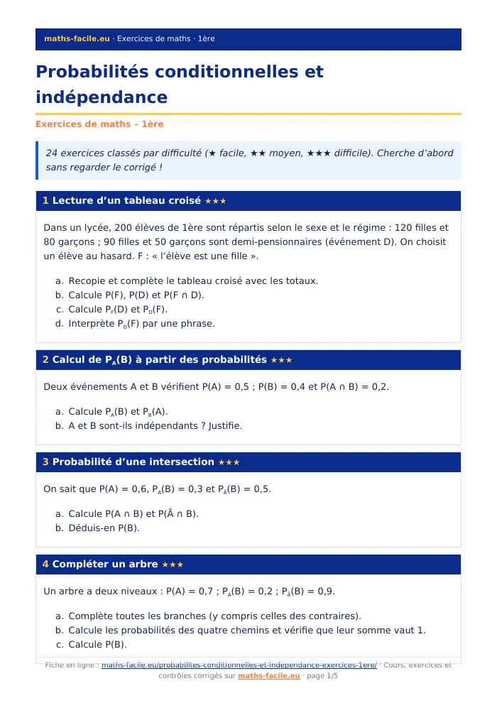Fiche PDF : Probabilités conditionnelles et indépendance (1ère)
