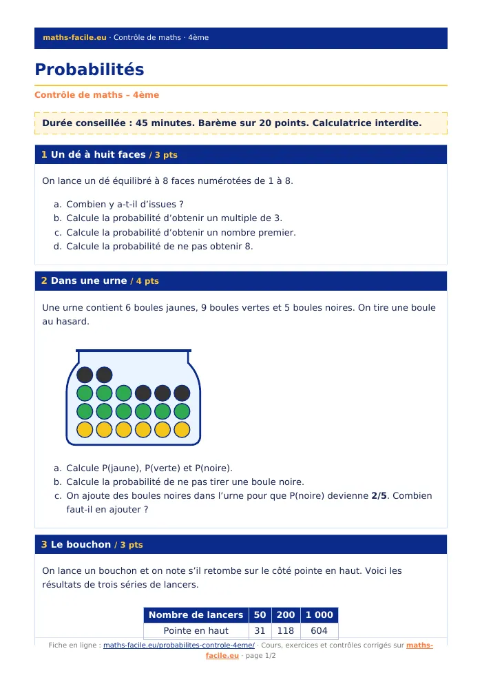 Fiche PDF : Probabilités (4ème)