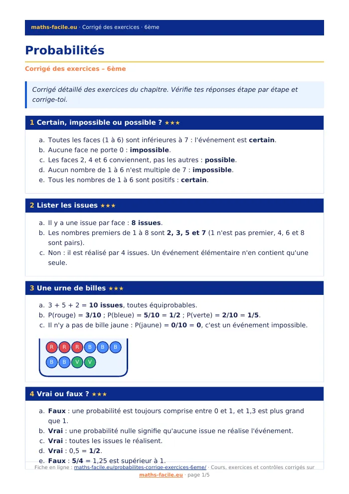 Fiche PDF : Probabilités (6ème)