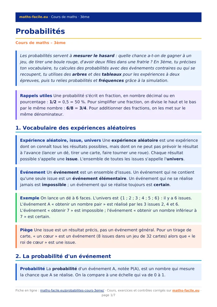 Fiche PDF : Probabilités (3ème)