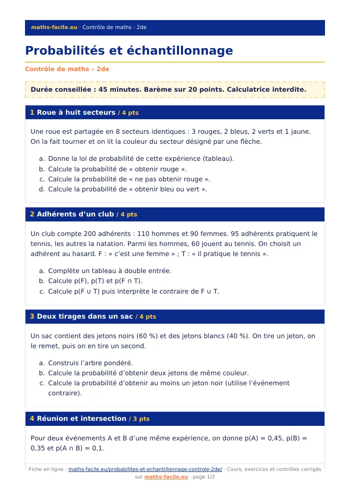 Fiche PDF : Probabilités et échantillonnage (2de)