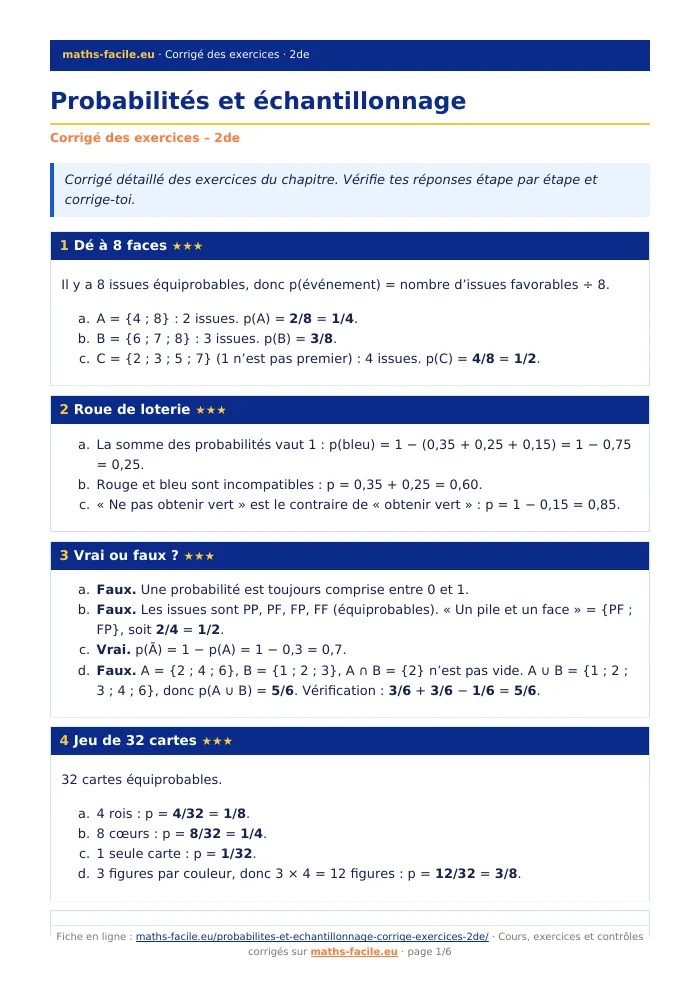 Fiche PDF : Probabilités et échantillonnage (2de)