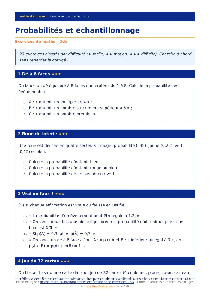 Fiche PDF : Probabilités et échantillonnage (2de)