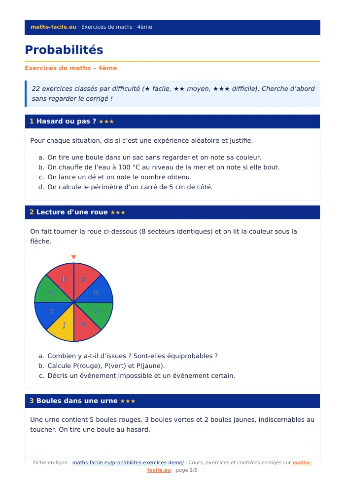 Fiche PDF : Probabilités (4ème)