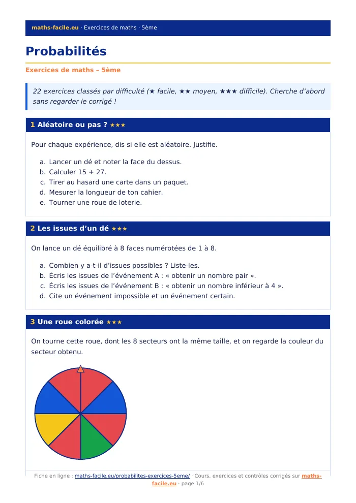 Fiche PDF : Probabilités (5ème)