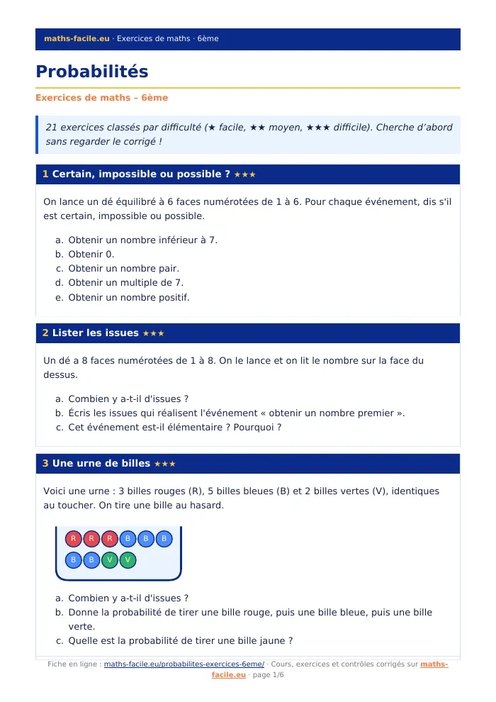 Fiche PDF : Probabilités (6ème)