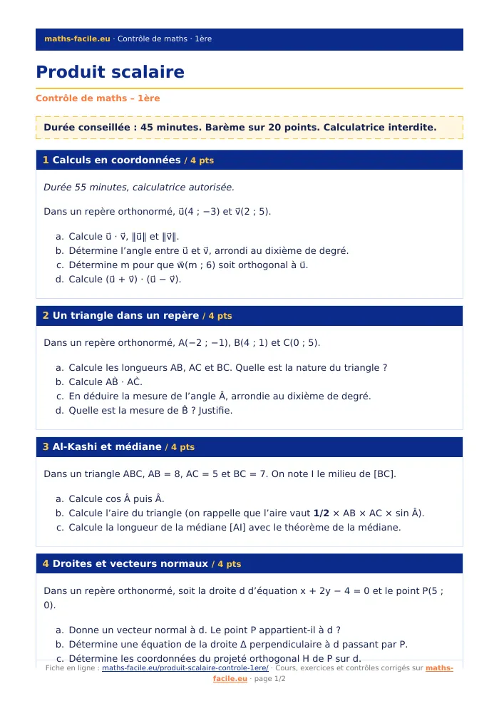 Fiche PDF : Produit scalaire (1ère)
