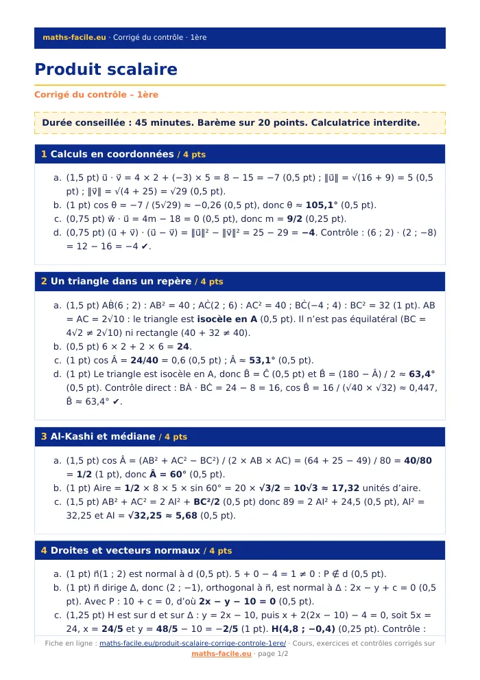 Fiche PDF : Produit scalaire (1ère)