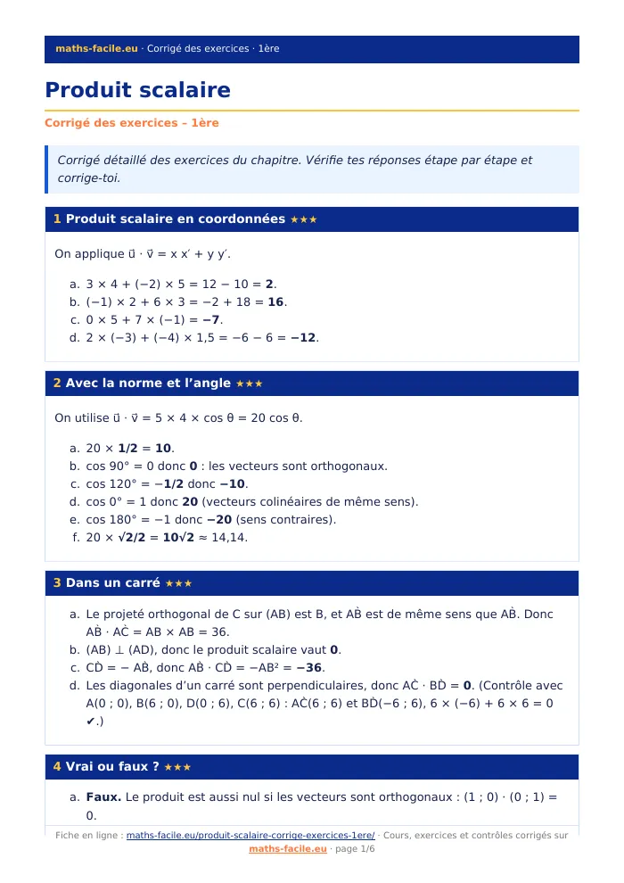 Fiche PDF : Produit scalaire (1ère)