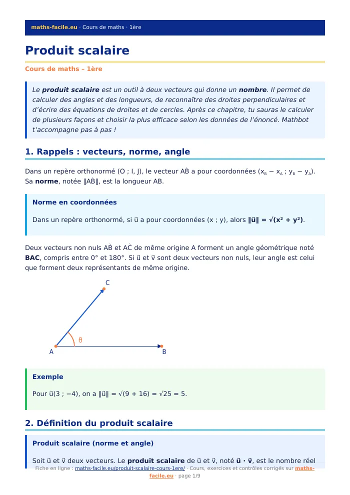 Fiche PDF : Produit scalaire (1ère)