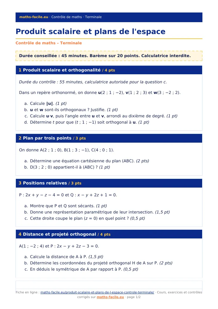 Fiche PDF : Produit scalaire et plans de l&rsquo;espace (Terminale)