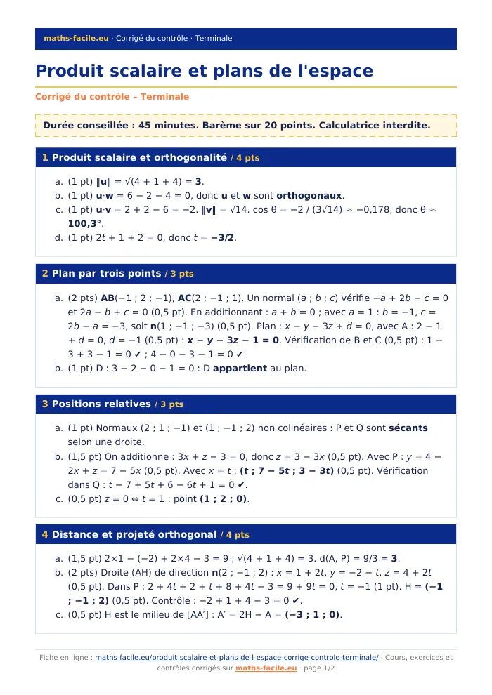 Fiche PDF : Produit scalaire et plans de l&rsquo;espace (Terminale)