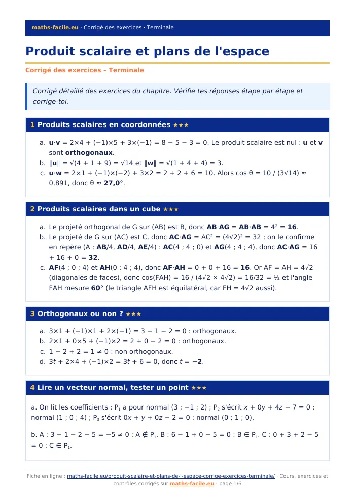 Fiche PDF : Produit scalaire et plans de l&rsquo;espace (Terminale)