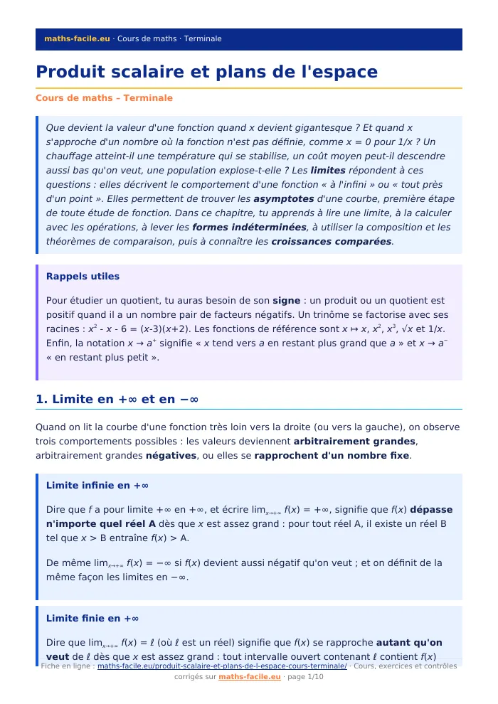 Fiche PDF : Produit scalaire et plans de l&rsquo;espace (Terminale)