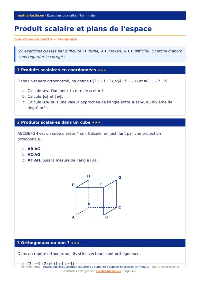 Fiche PDF : Produit scalaire et plans de l&rsquo;espace (Terminale)