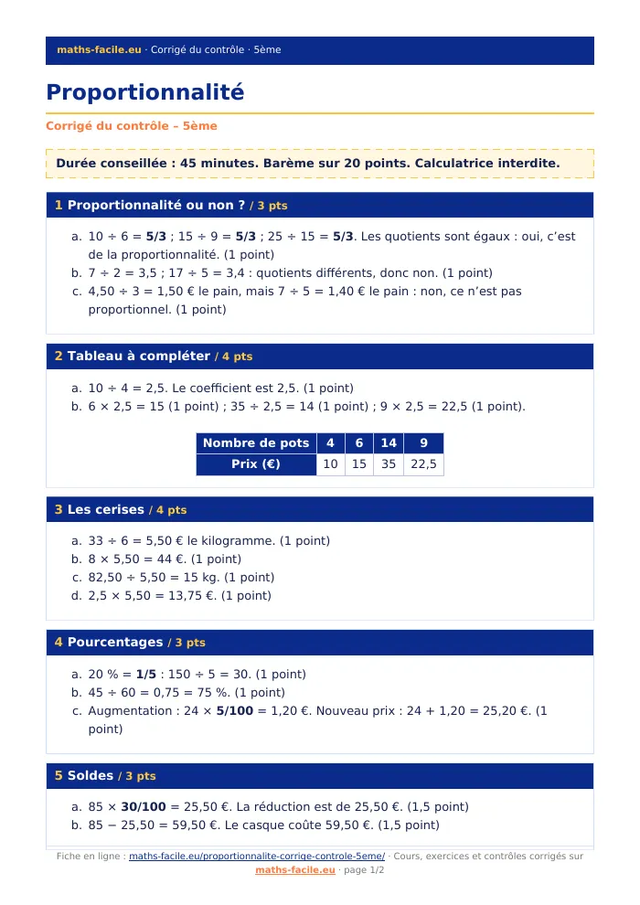 Fiche PDF : Proportionnalité (5ème)